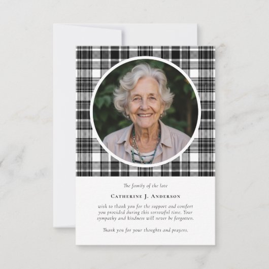 Black White Plaid Sympathy Fotobegrafenis Bedankkaart (Voorkant)