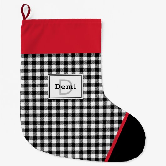 Black & White Plaid Toe Trim Monogram Grote Kerstsok (Voorkant)