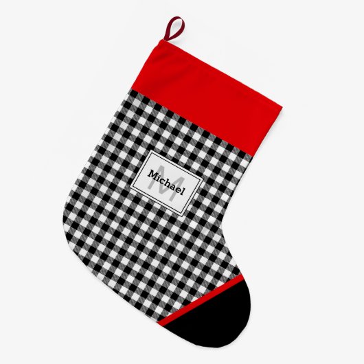 Black & White Plaid Toe Trim Monogram Grote Kerstsok (Voorkant (Hangend))