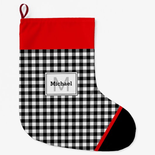 Black & White Plaid Toe Trim Monogram Grote Kerstsok (Voorkant)