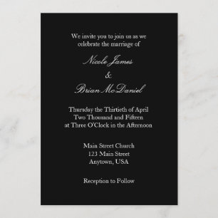 Black White Plain Simple Wedding Invitation Kaart