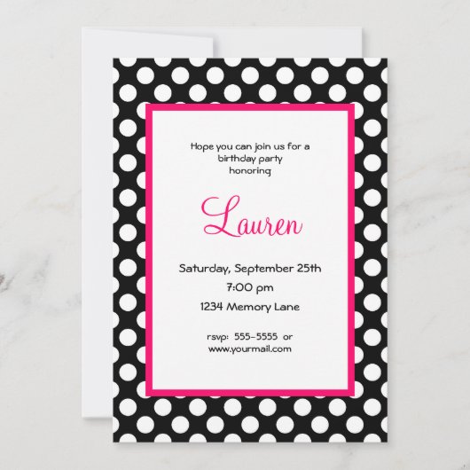 Black & White Poka Dot 40th Birthday Invitation Kaart (Voorkant)