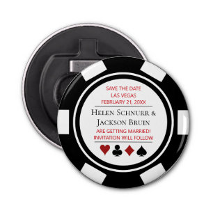 Black White Poker Chip Bewaar de datum Vegas Weddi Button Flesopener