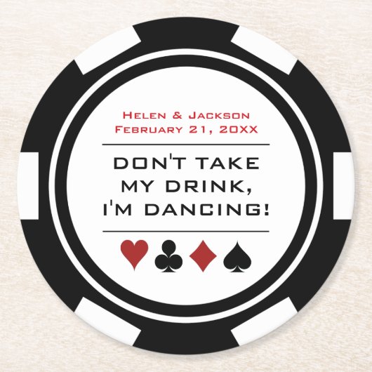 Black White Poker Chip Dansant Drink Wedding Ronde Kartonnen Onderzetter (Voorkant)