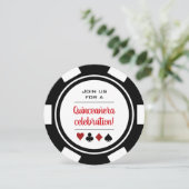 Black White Poker Chip Las Vegas Style Quinceañera Kaart (Staand voorkant)