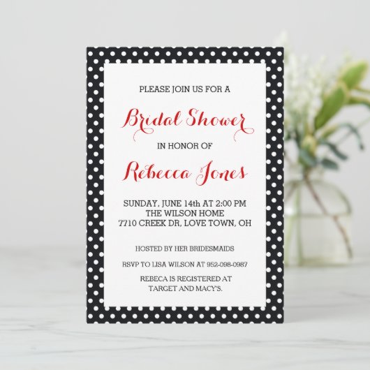Black White Polka Dot Bridal Shower Invitations Kaart (Staand voorkant)