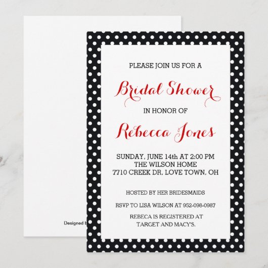 Black White Polka Dot Bridal Shower Invitations Kaart (Voorkant / Achterkant)
