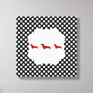 Black/White Polka Dot Doxie Canvas Afdruk