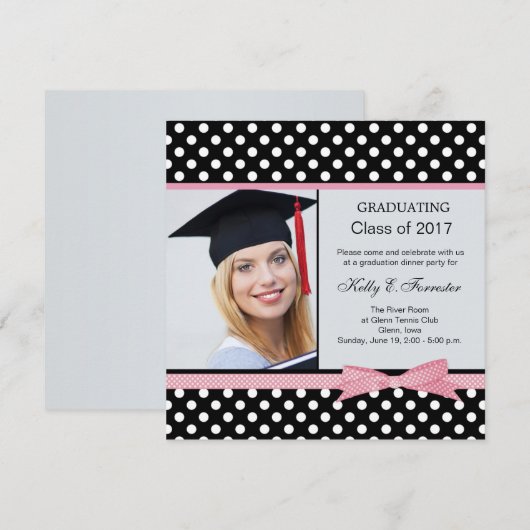 Black white polka dot Graduation Party Kaart (Voorkant / Achterkant)