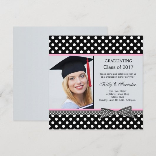 Black white polka dot Graduation Party Kaart (Voorkant / Achterkant)