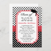 Black White Polka Dot Mortar Red Ribbon Afstuderen Kaart (Voorkant / Achterkant)