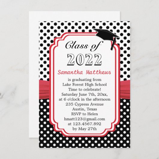 Black White Polka Dot Mortar Red Ribbon Afstuderen Kaart (Voorkant / Achterkant)