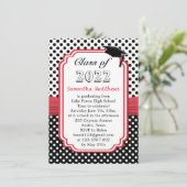 Black White Polka Dot Mortar Red Ribbon Afstuderen Kaart (Staand voorkant)