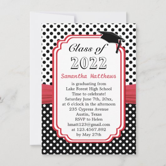 Black White Polka Dot Mortar Red Ribbon Afstuderen Kaart (Voorkant)