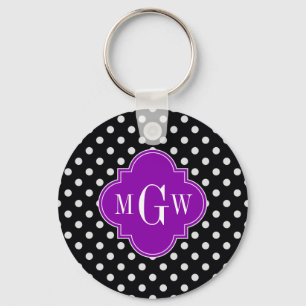 Black White Polka Dot Paars Quatrefoil 3 Monogram Sleutelhanger