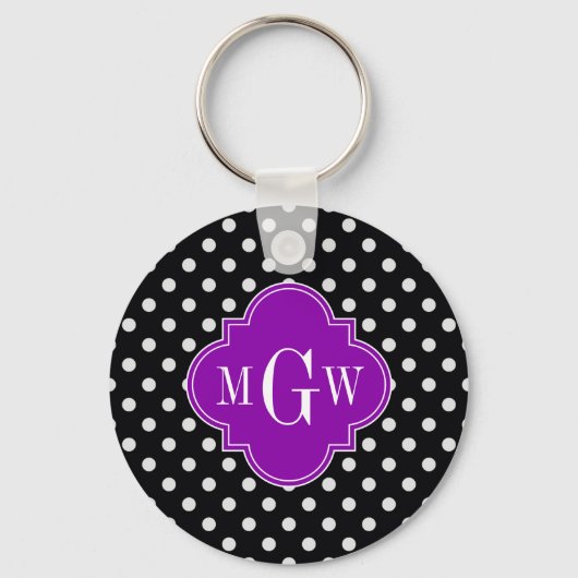 Black White Polka Dot Paars Quatrefoil 3 Monogram Sleutelhanger (Voorkant)