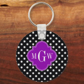 Black White Polka Dot Paars Quatrefoil 3 Monogram Sleutelhanger (Voorkant)