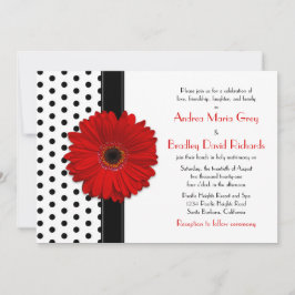 Black White Polka Dot Red Daisy Wedding Kaart
