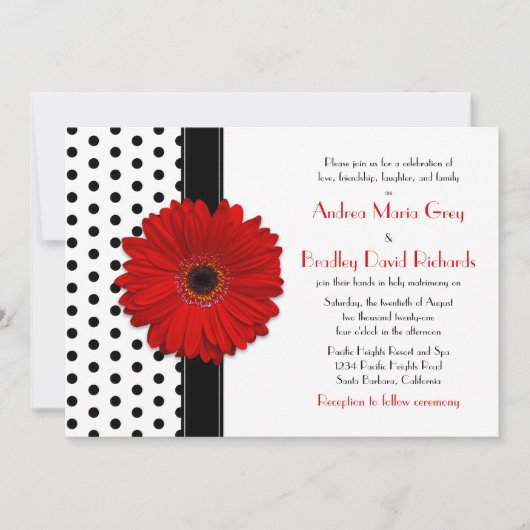 Black White Polka Dot Red Daisy Wedding Kaart (Voorkant)