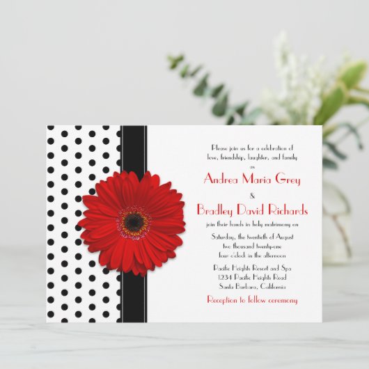 Black White Polka Dot Red Daisy Wedding Kaart (Staand voorkant)