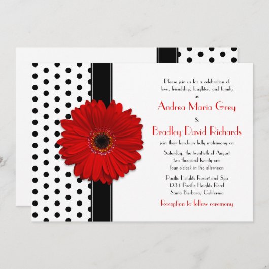 Black White Polka Dot Red Daisy Wedding Kaart (Voorkant / Achterkant)