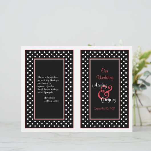 Black White Polka Dot Red Trim Wedding Programme (Staand voorkant)