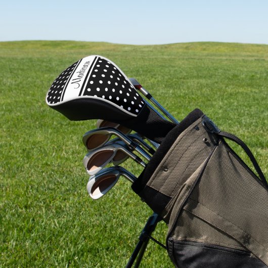 Black White Polka Dot Stripe Script Name Golfheadcover (Insitu)