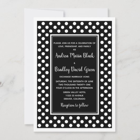 Black White Polka Dot Wedding Invitation Kaart (Voorkant)
