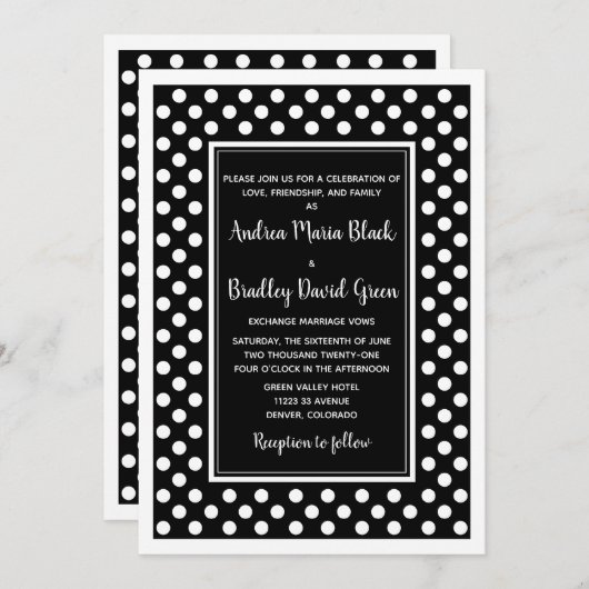 Black White Polka Dot Wedding Invitation Kaart (Voorkant / Achterkant)