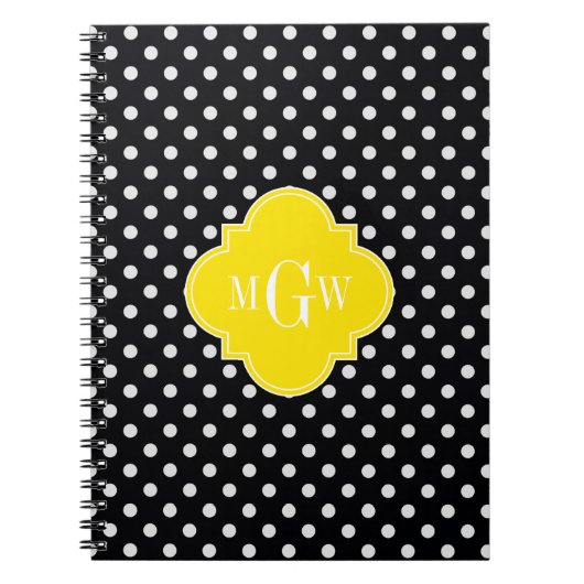 Black White Polka Dot Yellow Quatrefoil 3 Monogram Notitieboek (Voorkant)