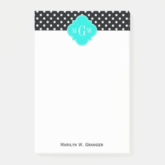 Black White Polka Dots Aqua Quatrefoil 3 Monogram Post-it® Notes (Voorkant)