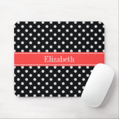 Black White Polka Dots Coral Red Name Monogram Muismat (Met muis)