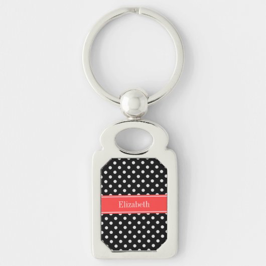 Black White Polka Dots Coral Red Name Monogram Sleutelhanger (Voorkant)