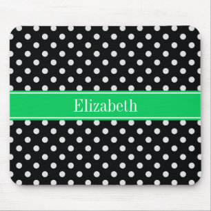 Black White Polka Dots Emerald Name Monogram Muismat