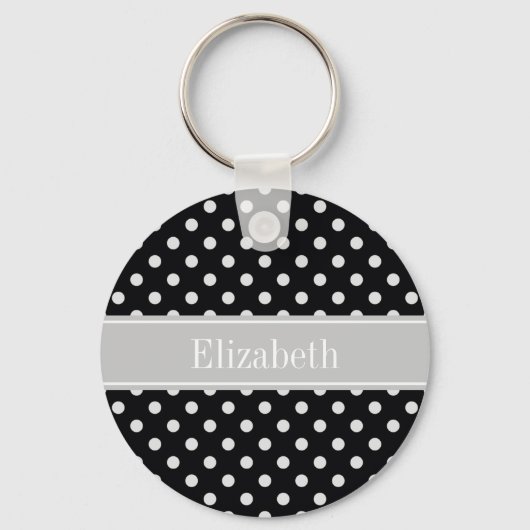 Black White Polka Dots Grey Name Monogram Sleutelhanger (Voorkant)