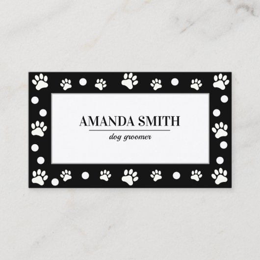 Black & White Polka Dots Paw Prints Business Card Visitekaartje (Voorkant)