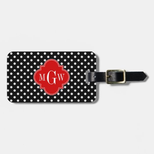 Black White Polka Dots Red Quatrefoil 3 Monogram Bagagelabel (Voorkant horizontaal)