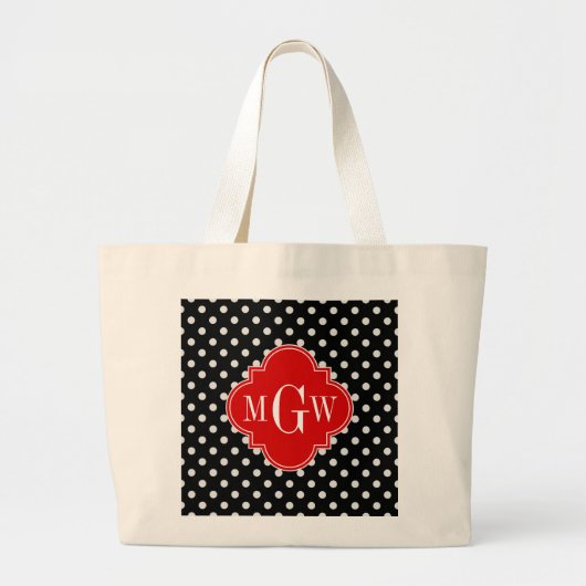 Black White Polka Dots Red Quatrefoil 3 Monogram Grote Tote Bag (Voorkant)