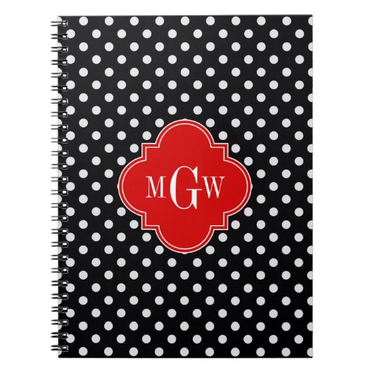 Black White Polka Dots Red Quatrefoil 3 Monogram Notitieboek (Voorkant)