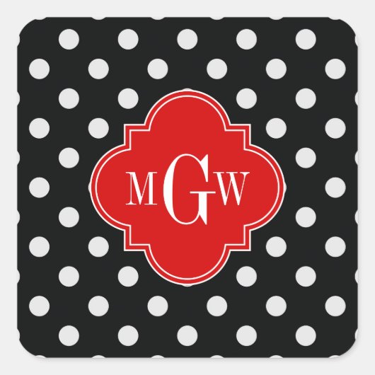 Black White Polka Dots Red Quatrefoil 3 Monogram Vierkante Sticker (Voorkant)