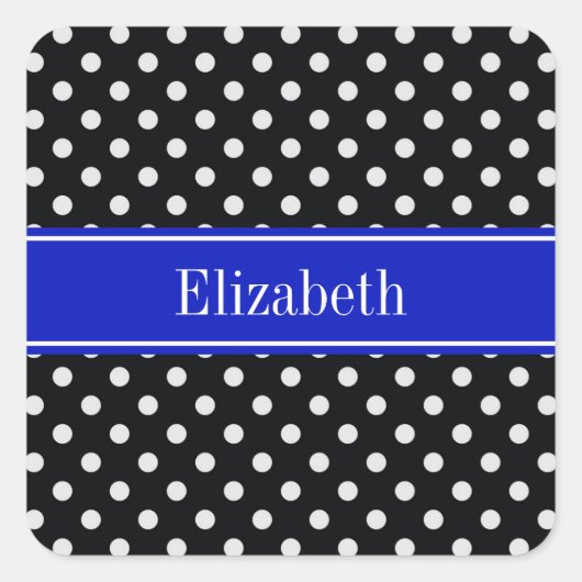 Black White Polka Dots Royal Blue Name Monogram Vierkante Sticker (Voorkant)