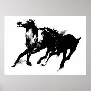 Black White Pop Art Running Horses Silhouettes Poster