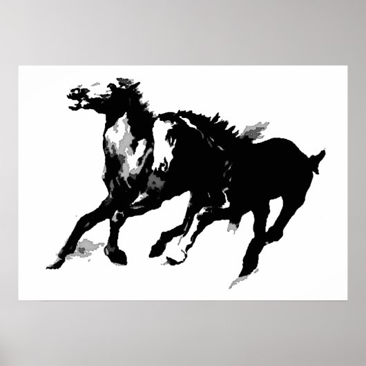 Black White Pop Art Running Horses Silhouettes Poster (Voorkant)