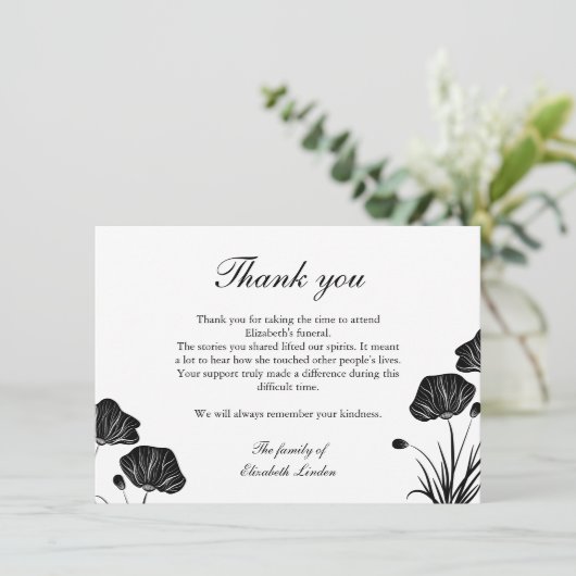 Black & White Poppies Funeral Bedankt (Staand voorkant)