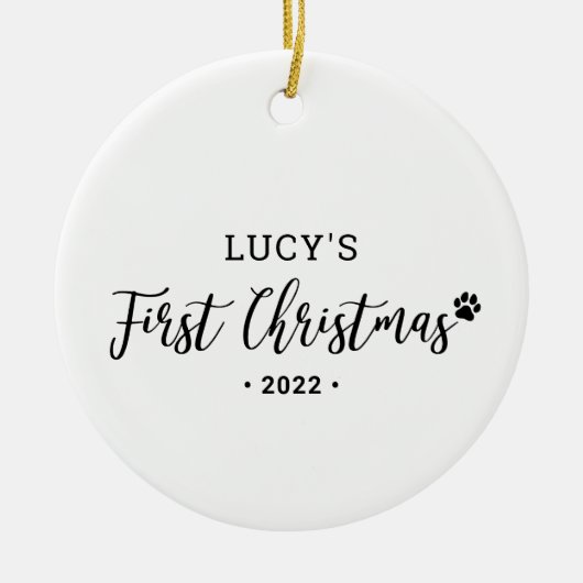 Black & White Puppy Dog First Kerstfoto Orna Keramisch Ornament (Voorkant)