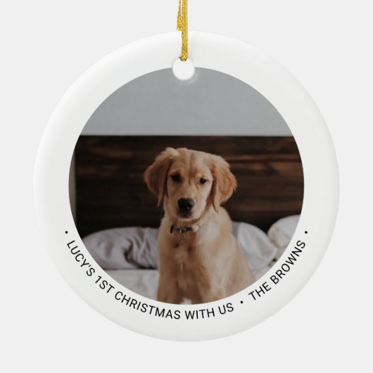Black & White Puppy Dog First Kerstfoto Orna Keramisch Ornament (Achterkant)
