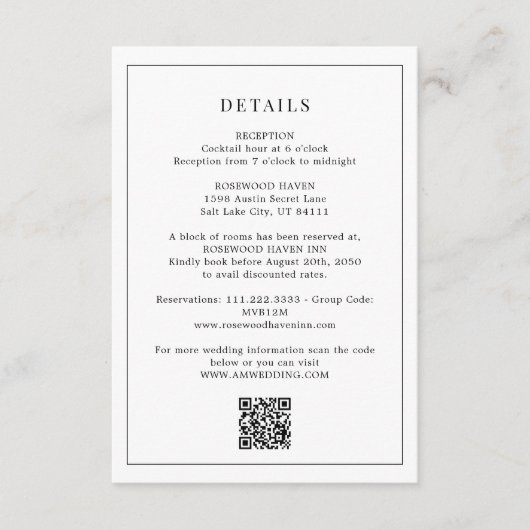 Black White Qr Code Minimal Wedding Details Informatiekaartje (Voorkant)