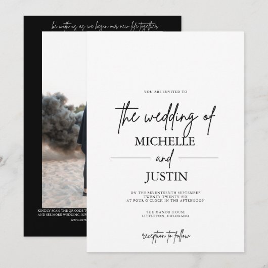 Black White QR Wedding Invitation Kaart (Voorkant / Achterkant)