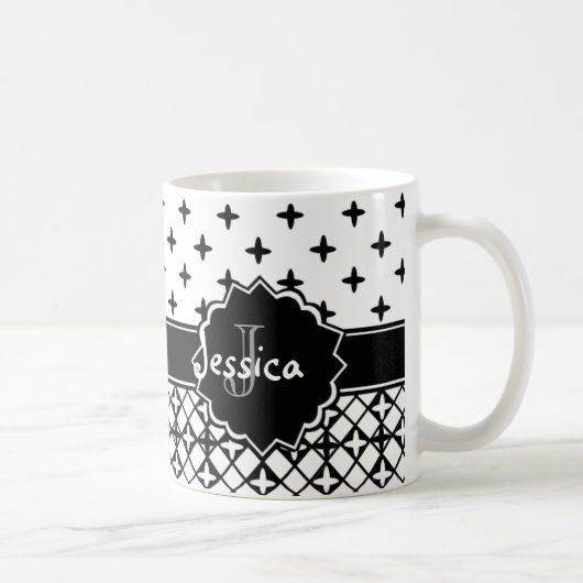 Black White Quatrefoil Monogrammed Koffiemok (Rechts)