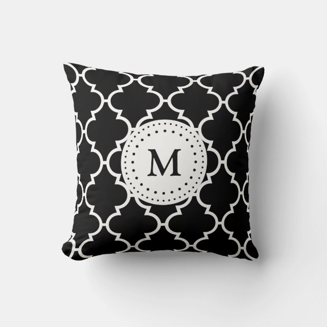 Black White Quatrefoil Pattern Monogramed Pillow Kussen (Voorkant)